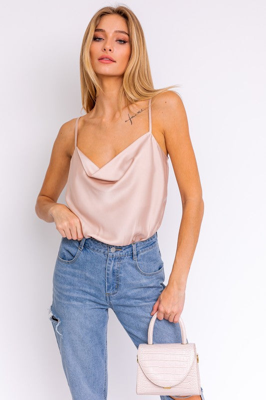 LE LIS Spaghetti Strap Cowl Neck Bodysuit