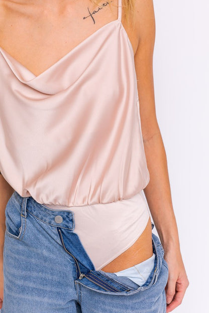 LE LIS Spaghetti Strap Cowl Neck Bodysuit