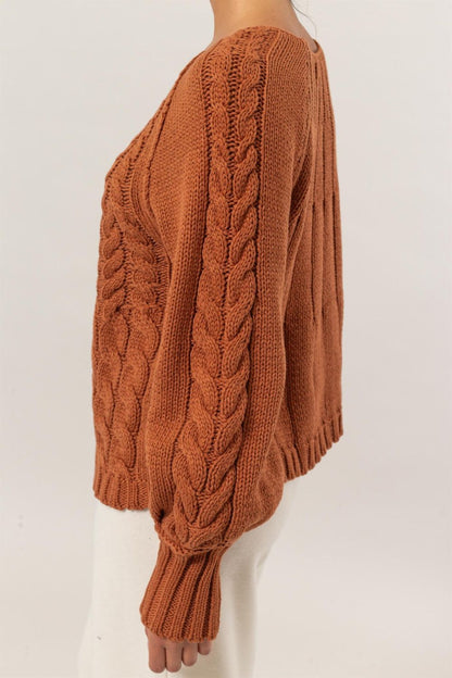 HYFVE Cable-Knit Round Neck Raglan Sleeve Sweater in Color Rust