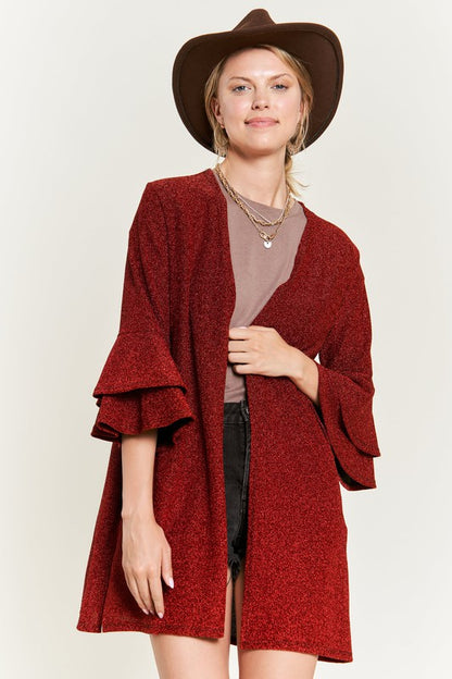 JADE by JANE Women's Red Kimono Glitter Cardigan with Bell Sleeve