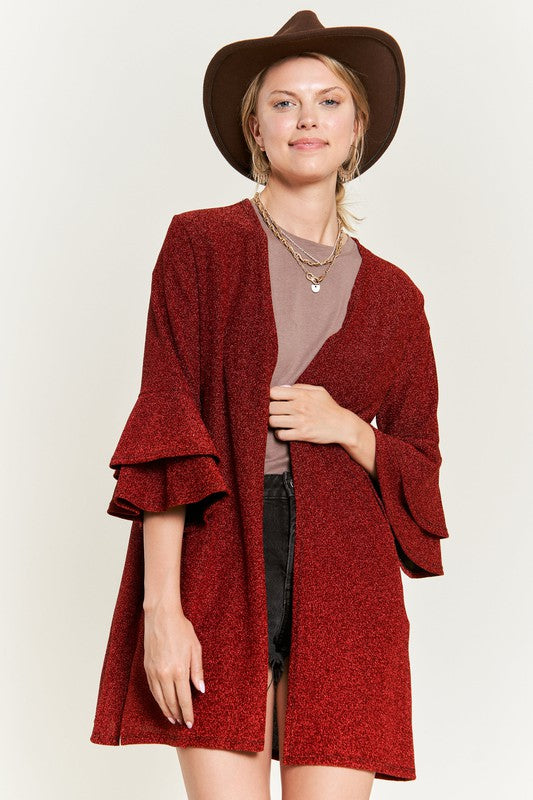 JADE by JANE Women's Red Kimono Glitter Cardigan with Bell Sleeve