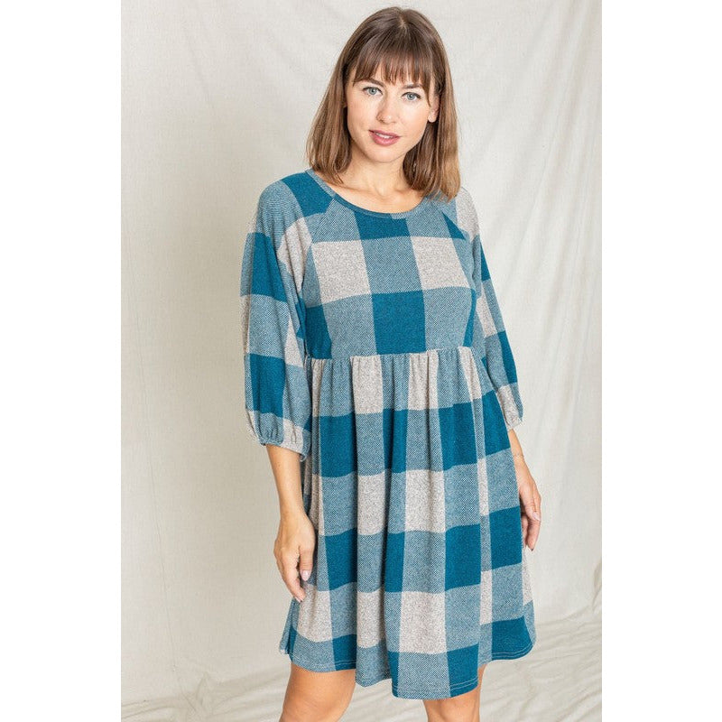 EG FASHION Plaid Balloon Sleeve Midi Dress