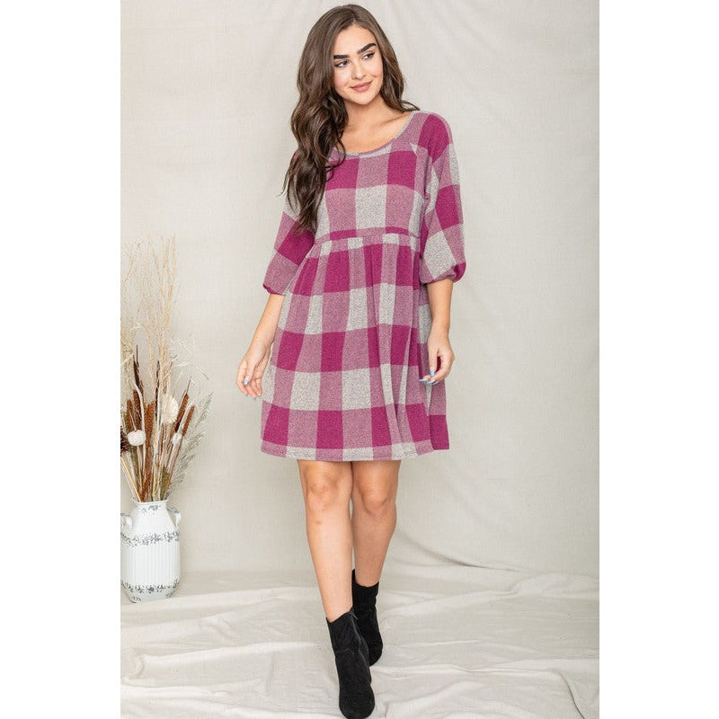 EG FASHION Plaid Balloon Sleeve Midi Dress