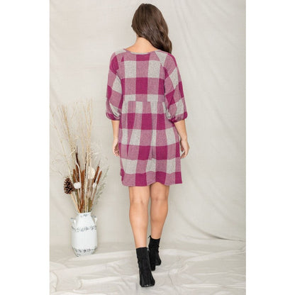 EG FASHION Plaid Balloon Sleeve Midi Dress