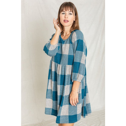 EG FASHION Plaid Balloon Sleeve Midi Dress