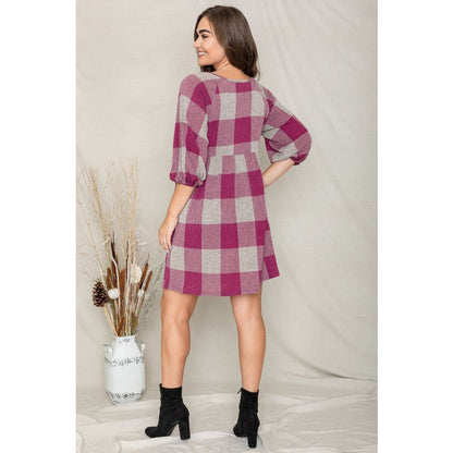 EG FASHION Plaid Balloon Sleeve Midi Dress