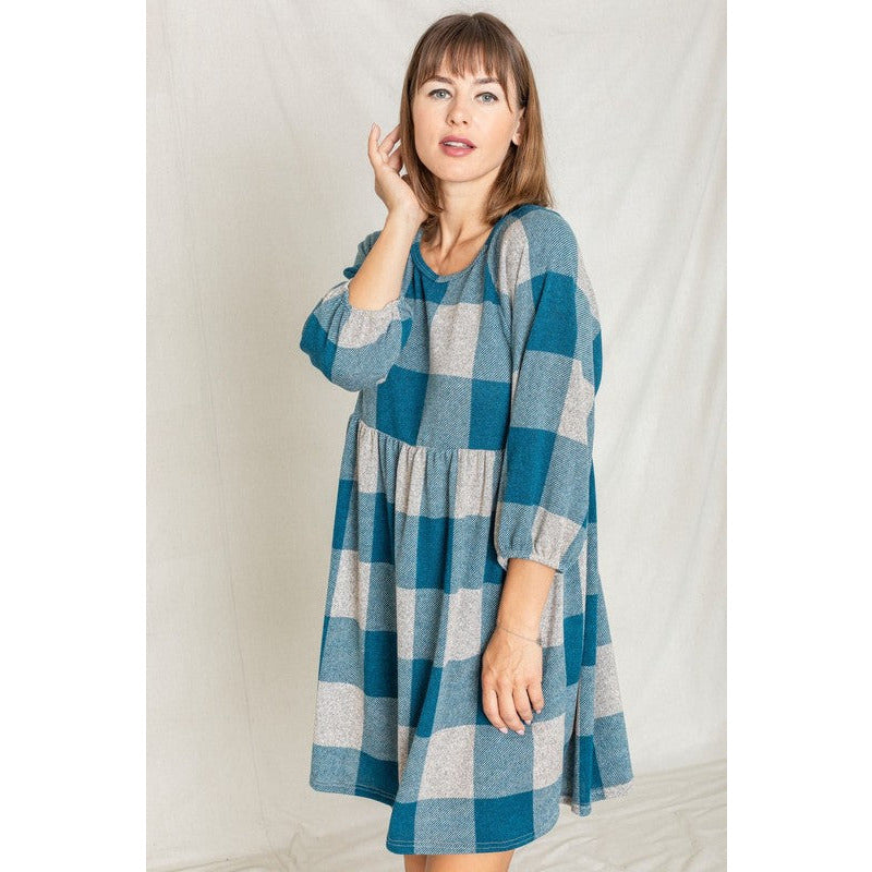 EG FASHION Plaid Balloon Sleeve Midi Dress