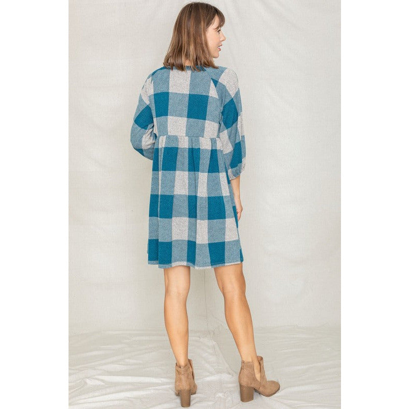 EG FASHION Plaid Balloon Sleeve Midi Dress