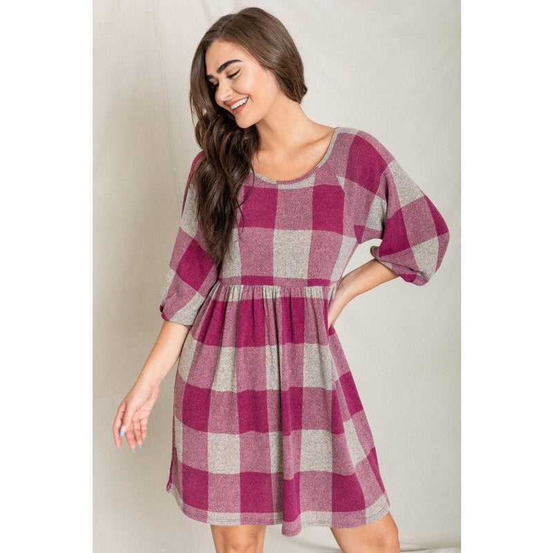 EG FASHION Plaid Balloon Sleeve Midi Dress