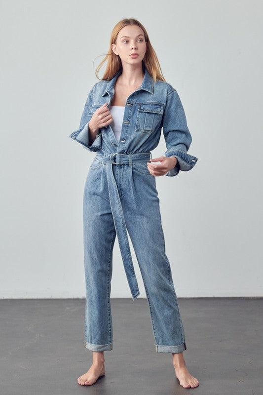 INSANE GENE Belted Denim Jumpsuit