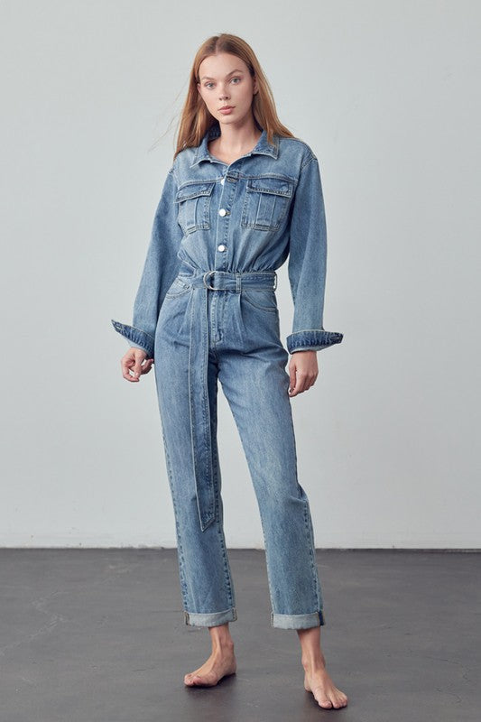 INSANE GENE Belted Denim Jumpsuit