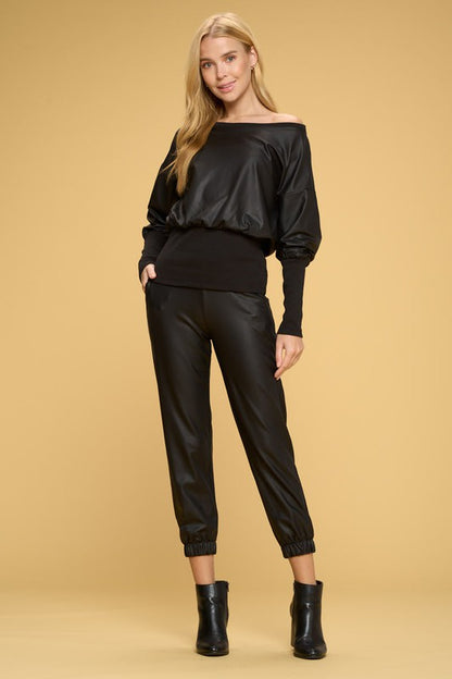 RENEE C. Black Off-the-shoulder Satin Top with Rib Banded Bottom