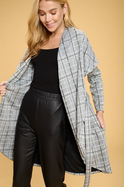 RENEE C. Luxurious Plaid Open Front Cardigan with Tie