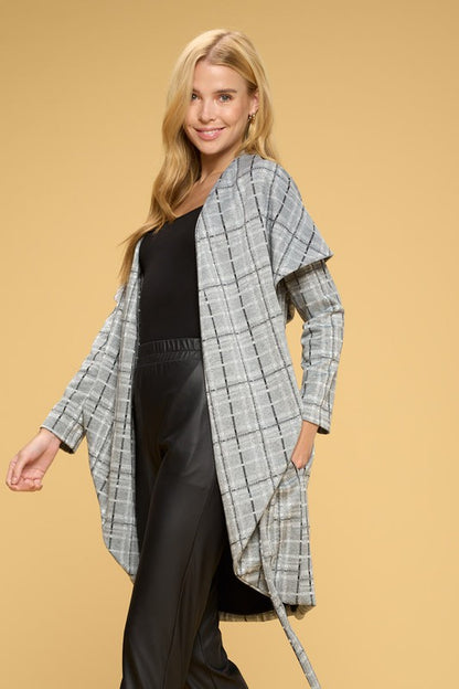 RENEE C. Luxurious Plaid Open Front Cardigan with Tie