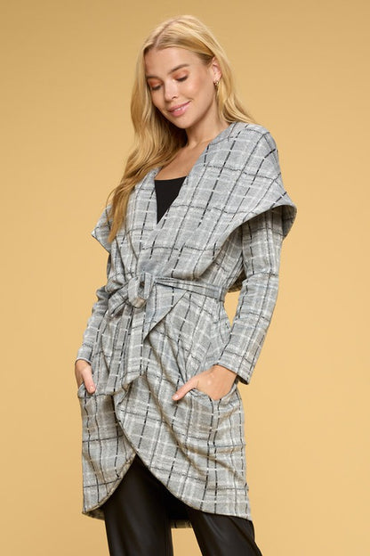 RENEE C. Luxurious Plaid Open Front Cardigan with Tie