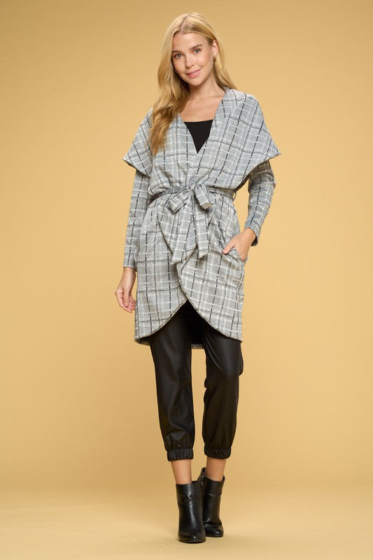 RENEE C. Luxurious Plaid Open Front Cardigan with Tie