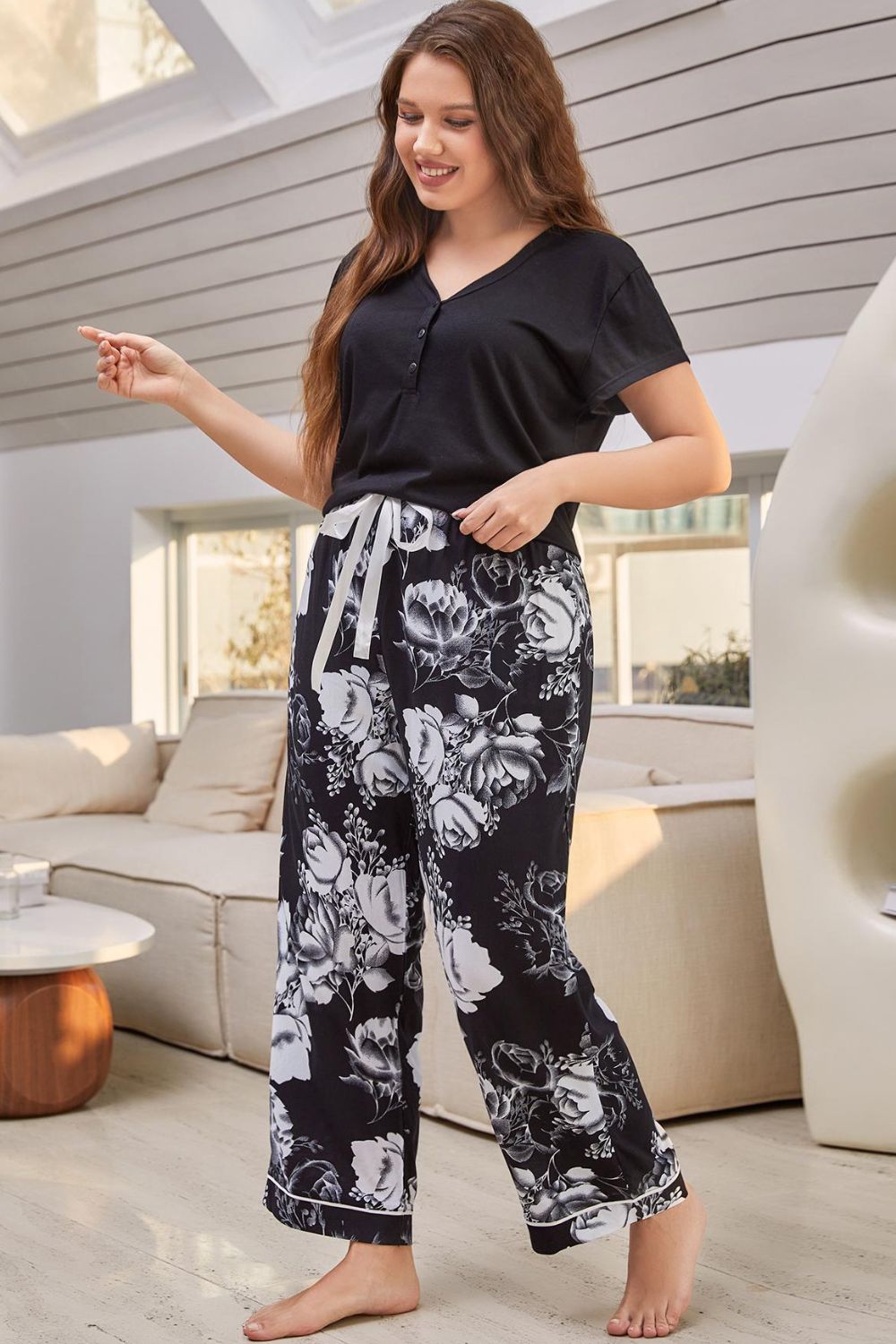 H.2.J. Full Size V-Neck Top and Floral Pants Lounge Set