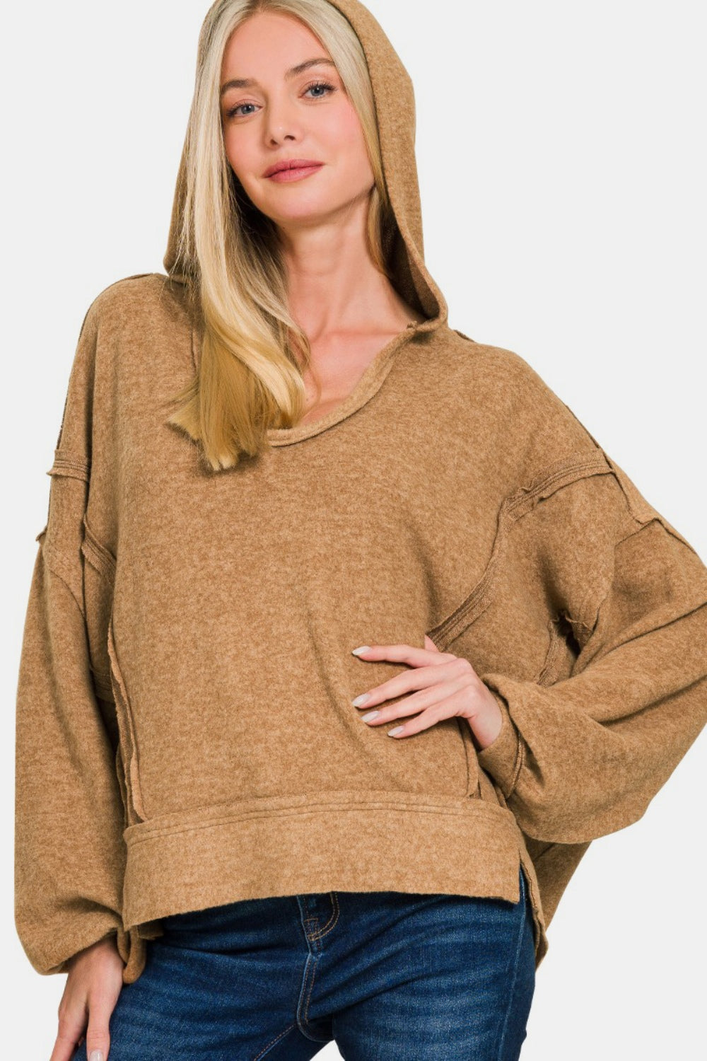 ZENANA Deep Camel Brushed Hacci Exposed Seam Hoodie