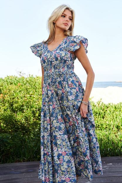 DAVI & DANI Vintage Garden Floral Flutter Smocking Midi Dress