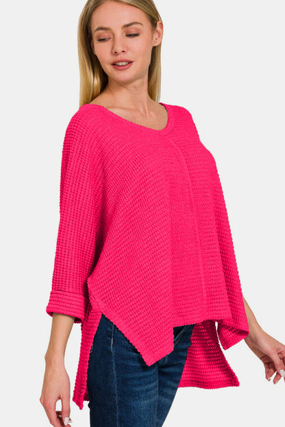 ZENANA Magenta V-Neck High-Low Jacquard Knit Top