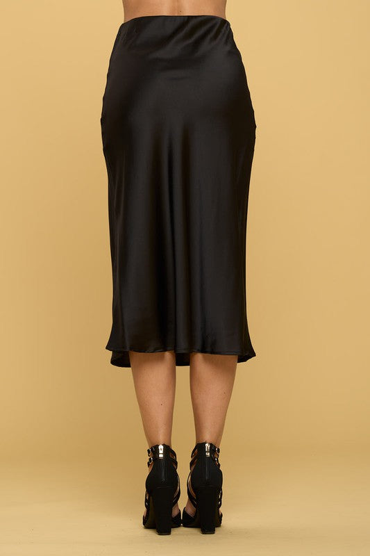 RENEE C. Solid Black Midi Satin Pencil Skirt