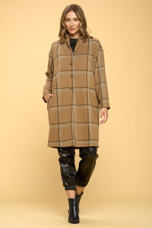 RENEE C. Plus-size Plaid Coat with Buttons and Pockets