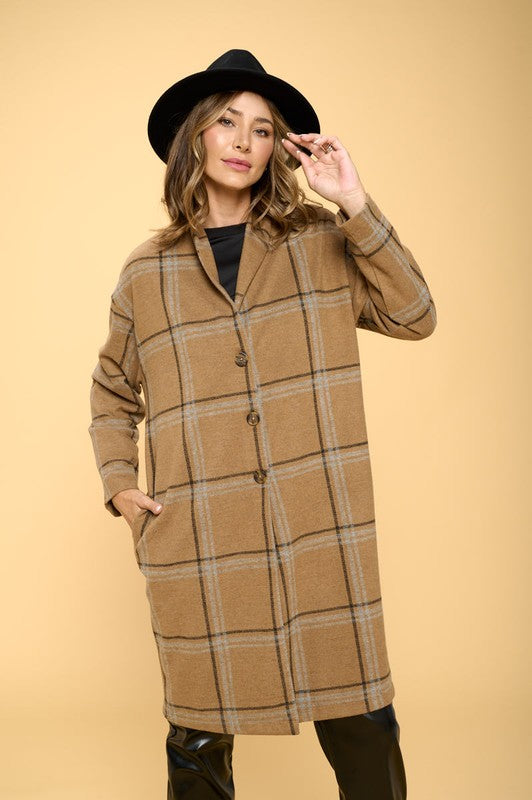 RENEE C. Plus-size Plaid Coat with Buttons and Pockets