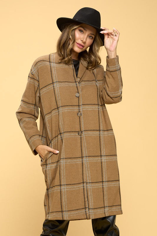 RENEE C. Plus-size Plaid Coat with Buttons and Pockets