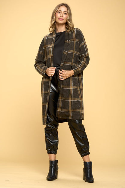 RENEE C. Plus-size Plaid Coat with Buttons and Pockets