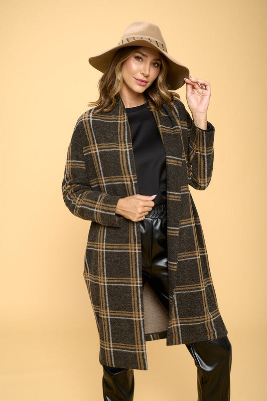 Renee C. Women's Charcoal Plaid Coat with Buttons and Pockets