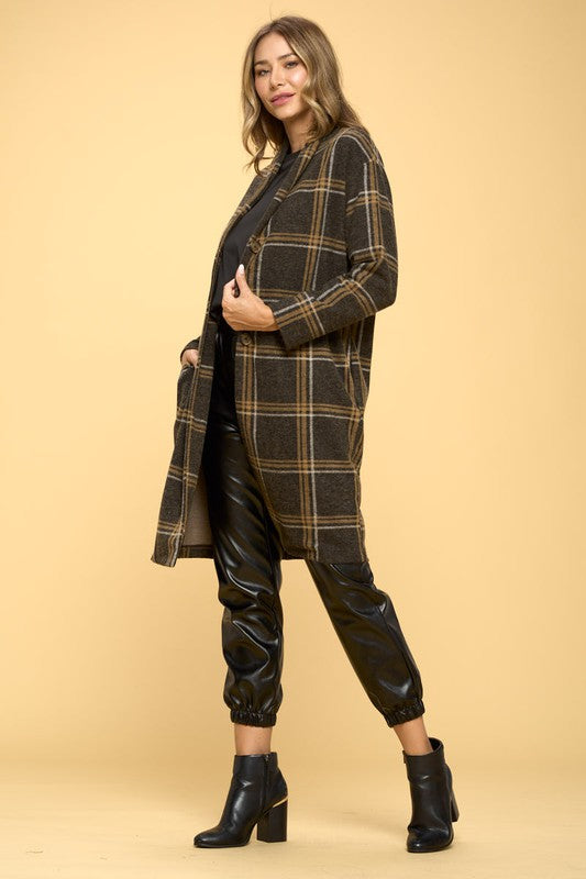 Renee C. Women's Charcoal Plaid Coat with Buttons and Pockets