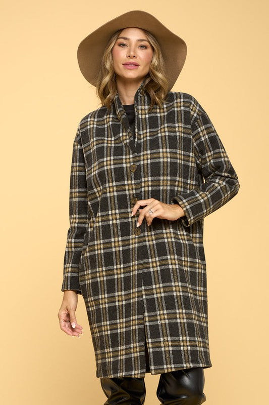 Renee C. Women's Charcoal Plaid Sophisticated Coat with Buttons and Pockets