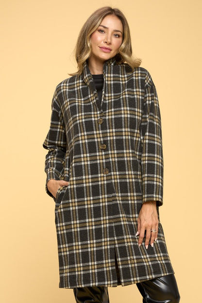 Renee C. Women's Charcoal Plaid Sophisticated Coat with Buttons and Pockets