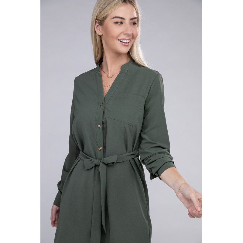 NUVI APPAREL Buttoned Shirt Dress with Belt