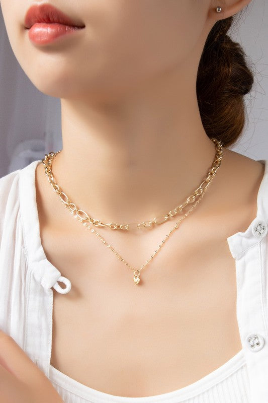 LA3 ACCESSORIES Gold Two Row Mixed chain with Dainty Heart Pendant