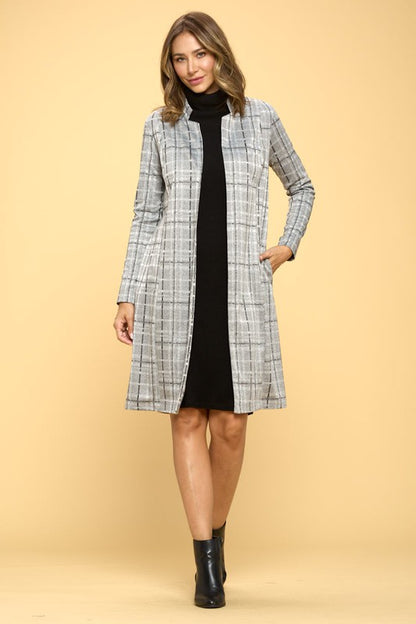 RENEE C. Stylish Grey Plaid Open Coat with Collar