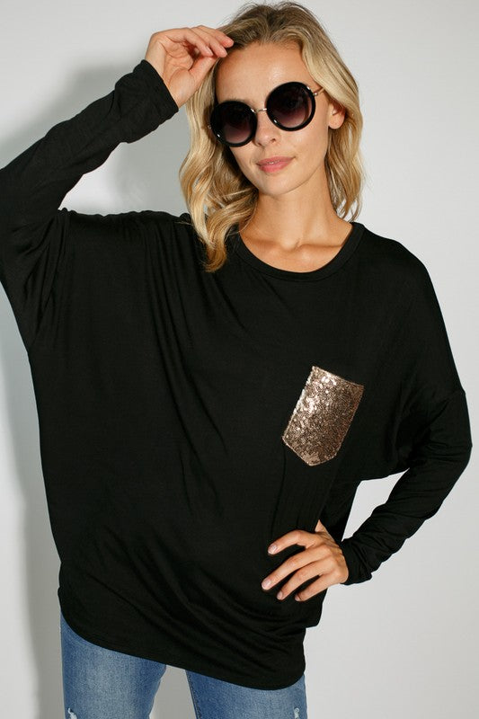 E LUNA Dolman Long Sleeves Top with Sequined Pocket