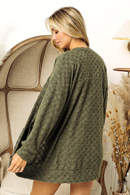 BiBi Olive Checkered Long Sleeve Open Front Cardigan