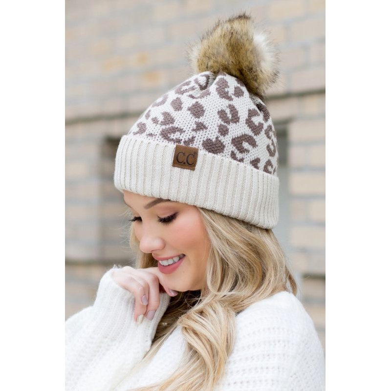 AILI'S CORNER Leopard Fur Pom Beanie