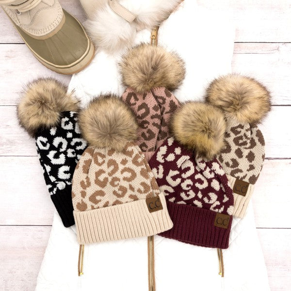 AILI'S CORNER Leopard Fur Pom Beanie