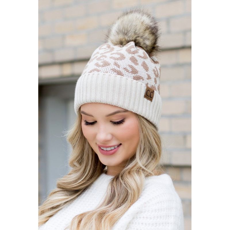 AILI'S CORNER Leopard Fur Pom Beanie