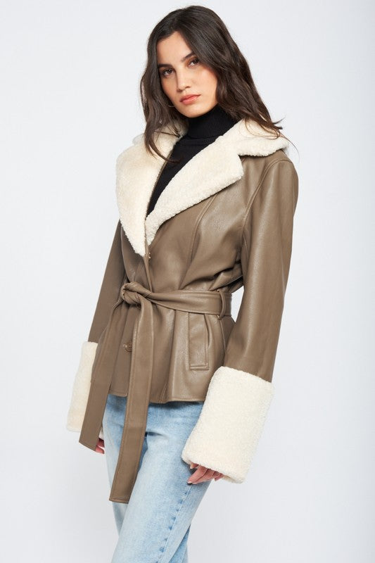 EMORY PARK Belted Faux Shearing Trimmed Jacket