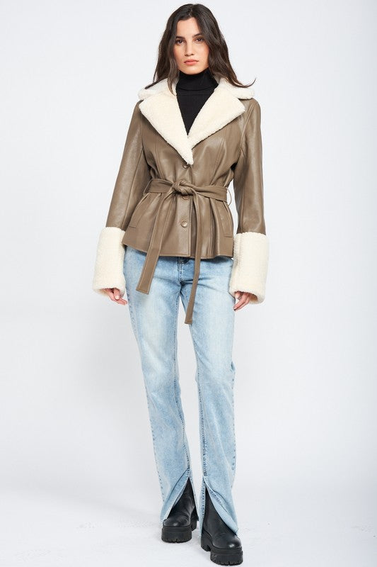 EMORY PARK Belted Faux Shearing Trimmed Jacket