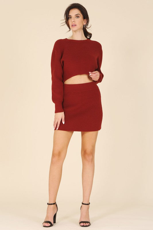 LILOU Ribbed Knit Crop Top and Skirt Set