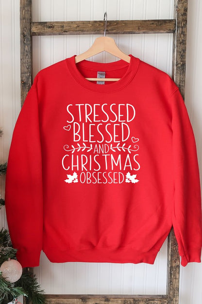 CALI "Stressed Blessed Christmas Obsessed" Graphic Fun Christmas Sweatshirt