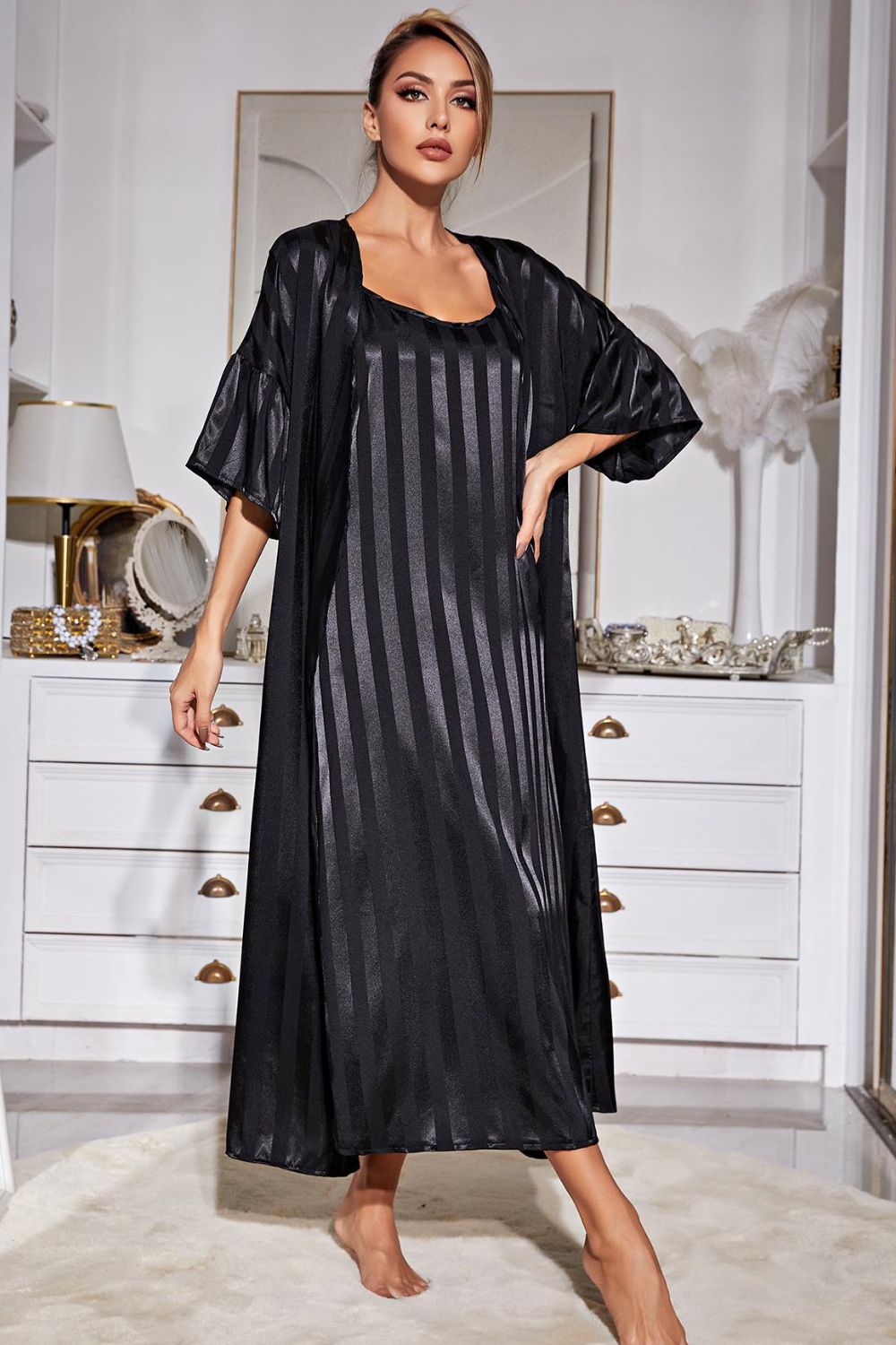 H2J Striped Flounce Sleeve Open Front Robe and Cami Pajama Dress Set