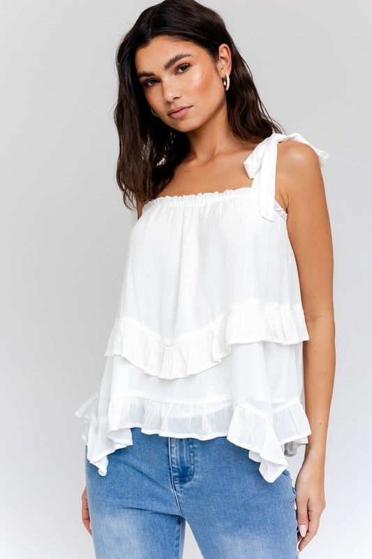 GILLI Sleeveless Asymmetrical Hem Line Tiered Top