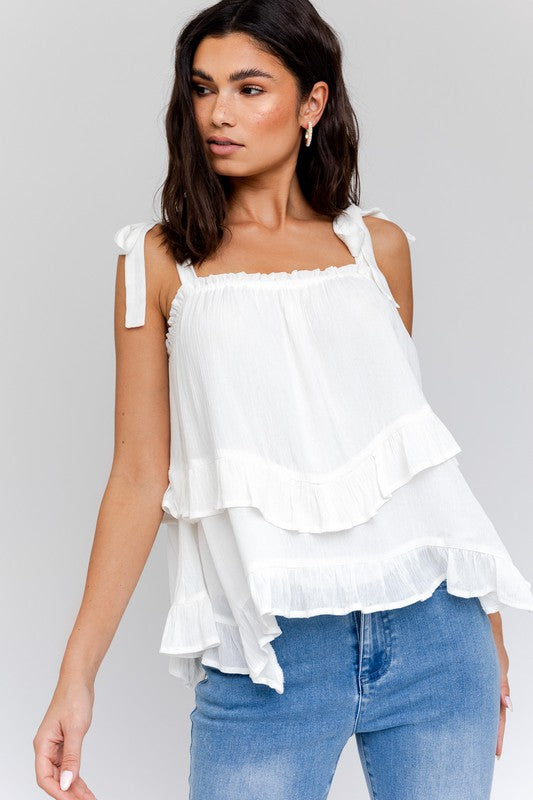 GILLI Sleeveless Asymmetrical Hem Line Tiered Top