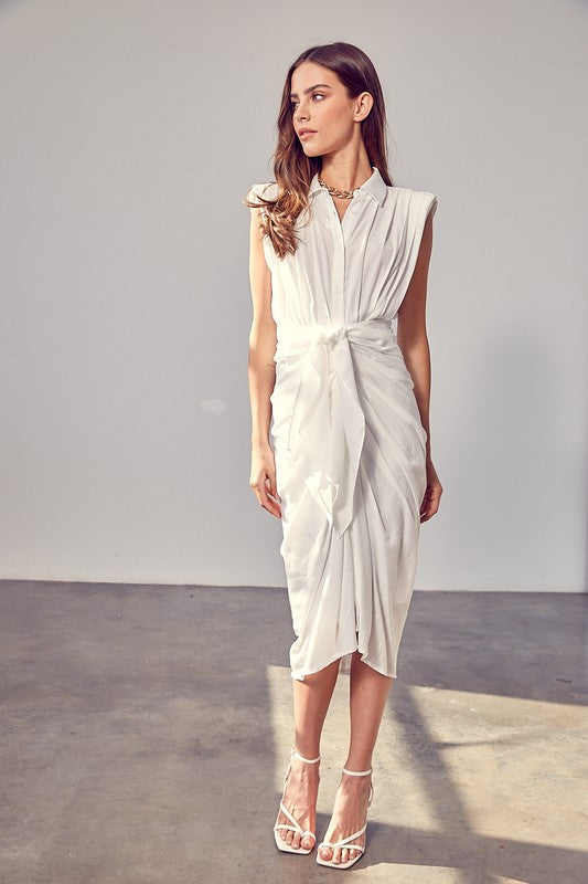 DO + BE COLLECTION Taupe Sleeveless Midi Dress with Front Tie