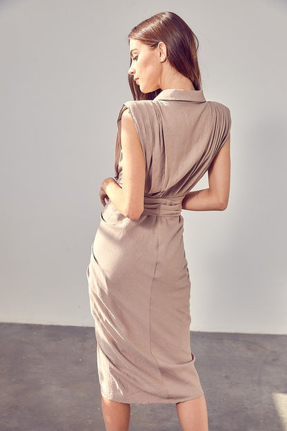 DO + BE COLLECTION Taupe Sleeveless Midi Dress with Front Tie